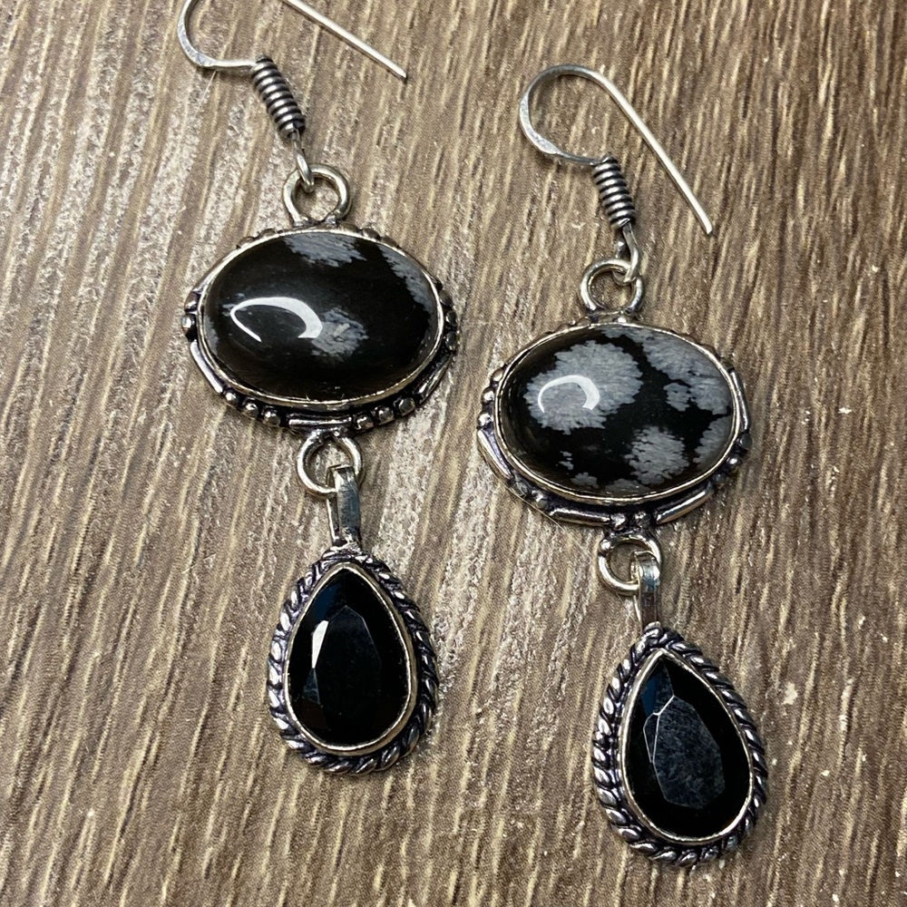 Elegant Black onyx & snowflake obsidian and Silver Dangle Earrings
